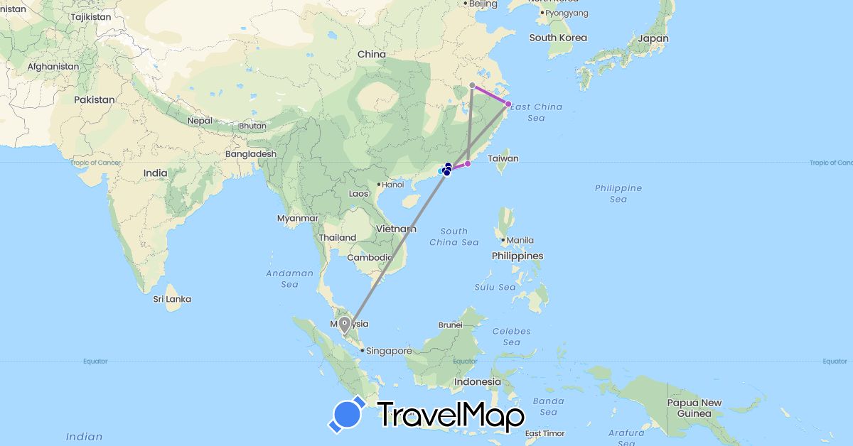TravelMap itinerary: driving, plane, train, boat in China, Malaysia (Asia)